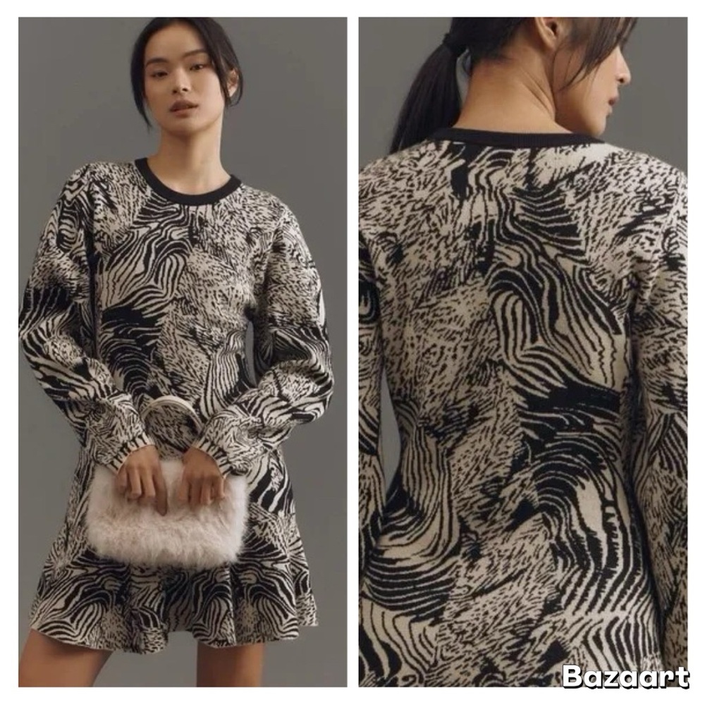 NWT Anthropologie 3/4 Sleeve Ruffled Sweater Knit Mini Dress Black And White